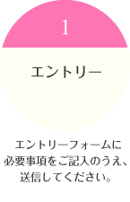 1：エントリー　エントリーフォームに 必要事項をご記入のうえ、 送信してください。 