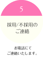 ５：採用／不採用のご連絡　お電話にて ご連絡いたします。